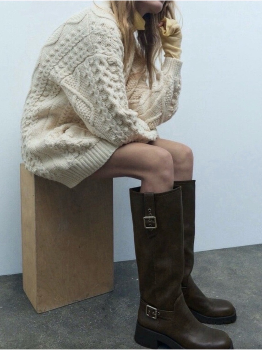 Zara Brown Knee-High Buckle Heeled Boots